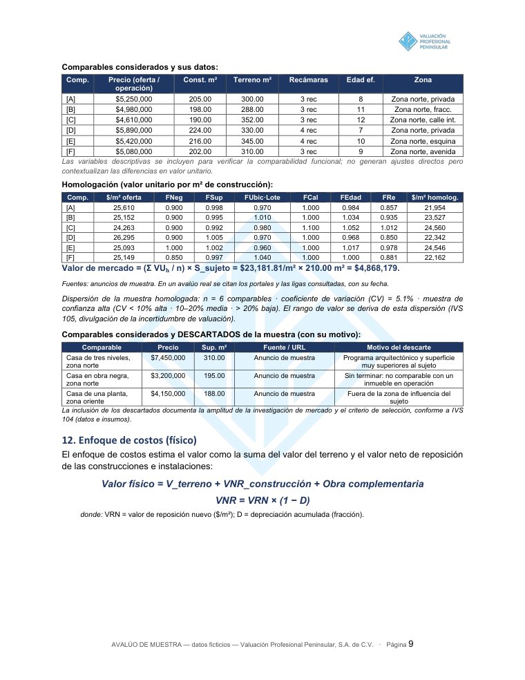 Página de homologación de comparables y modelo de depreciación