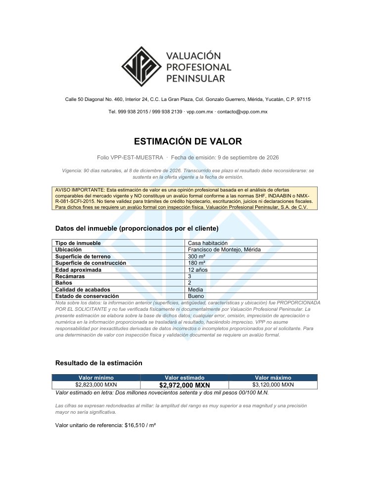 Primera página de la estimación de valor de muestra