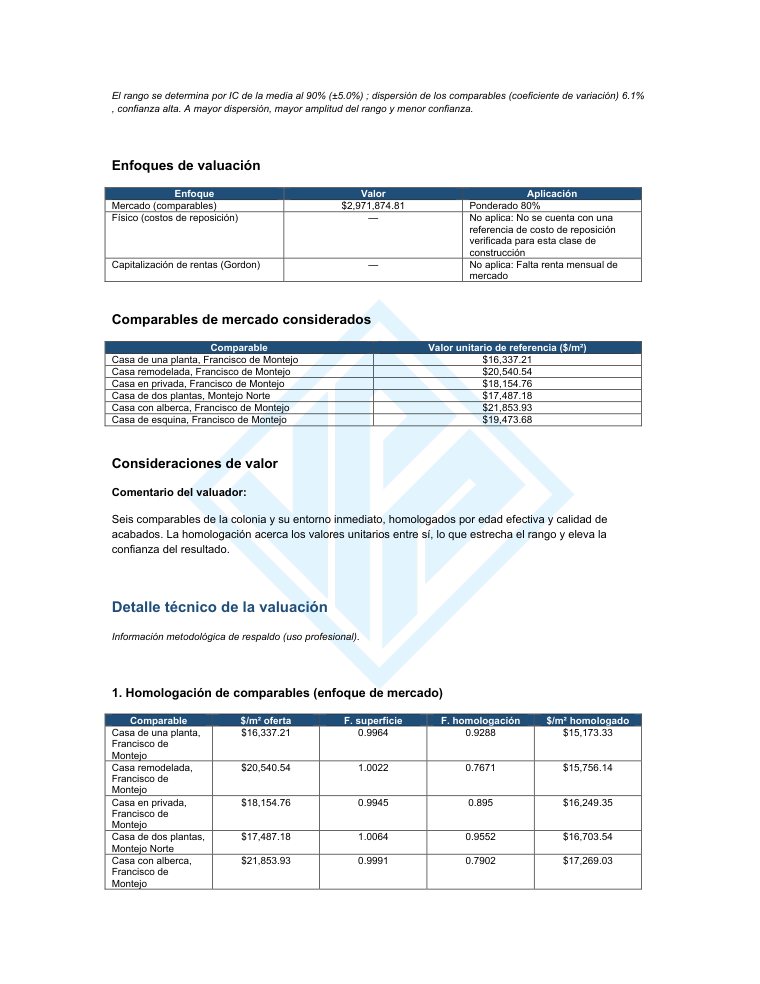 Página de homologación y resumen estadístico de la estimación