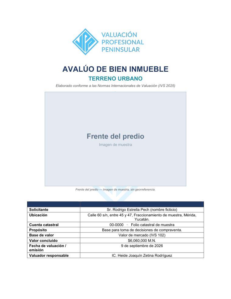 Portada del avalúo de muestra de terreno urbano